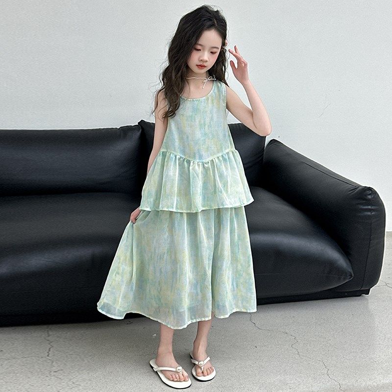 女童夏季无袖连衣裙2025新款女大童夏装甜美公主裙儿童碎花长裙子