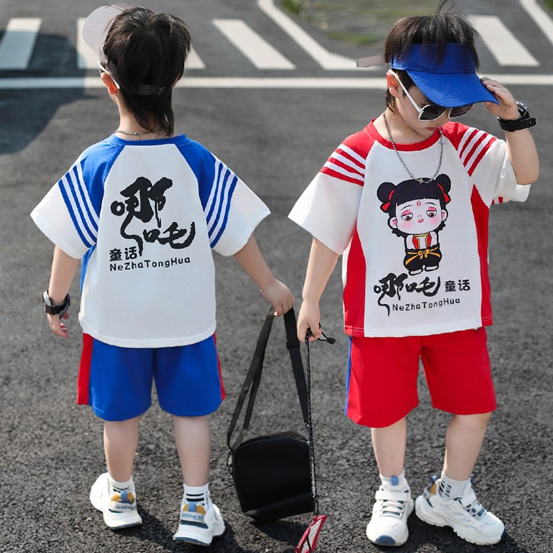 男童夏装时尚短袖哪吒衣服套装2025新款中小儿童休闲运动二件套潮
