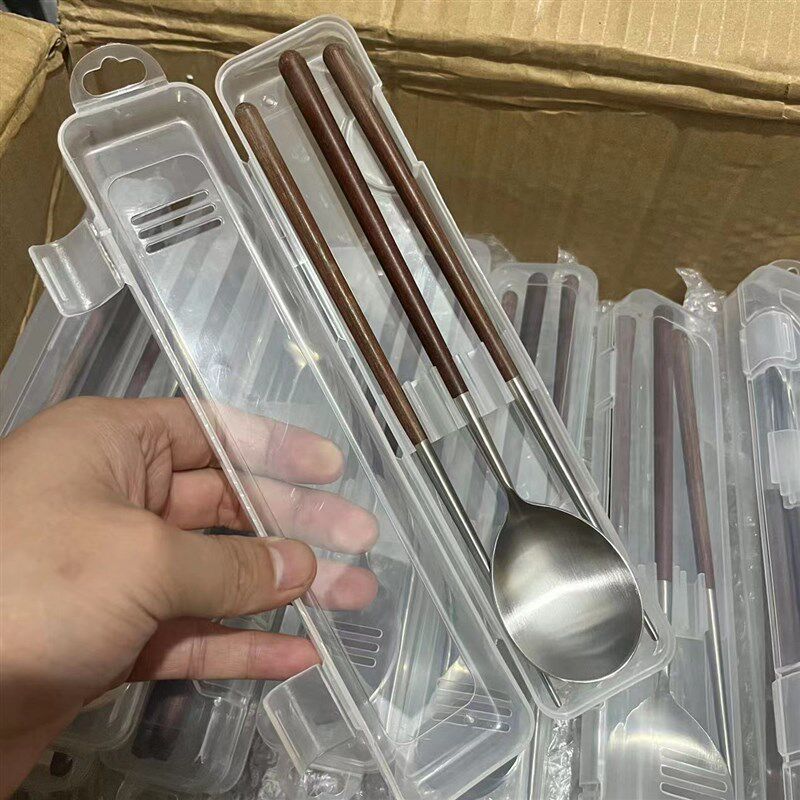 自留推荐!304便l携式便当不锈钢筷子勺子套装高端家用鸡翅木餐具