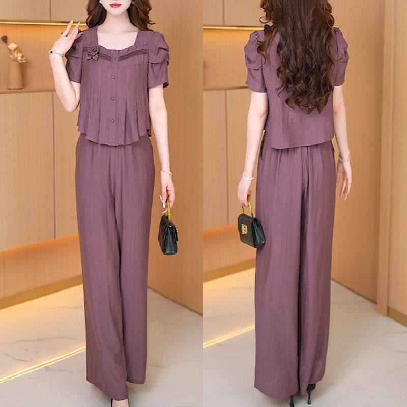 2025夏新款时尚小个子气质套装女显瘦设计感短袖上衣阔腿裤两件套