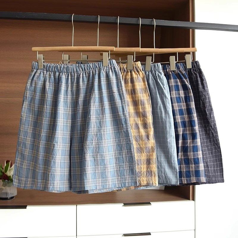 夏季纯棉男士休闲日系格子短裤居家宽松大码睡可外穿五分裤沙滩裤