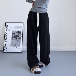 冬季新款加绒保暖裤女大码胖mm慵懒风休闲裤宽松显瘦遮肉阔腿裤子