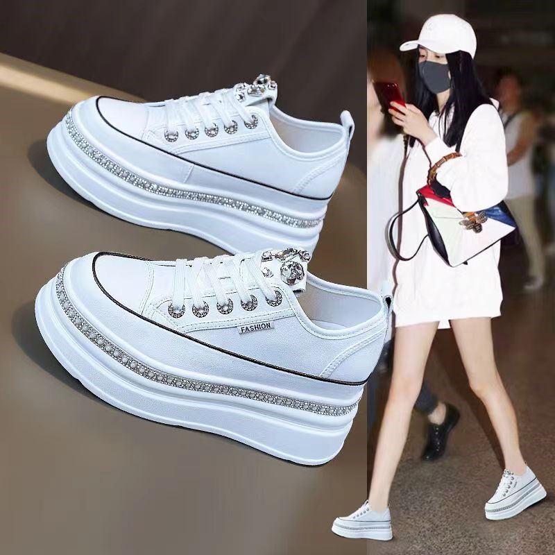 真皮内增高8cm小白鞋女鞋子2023秋季新款爆松糕百搭厚底休闲板鞋