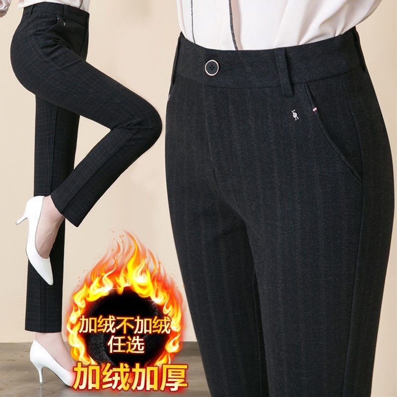 妈妈裤子冬款外穿加厚宽松休闲直筒格子裤高腰中老年加绒女裤大码