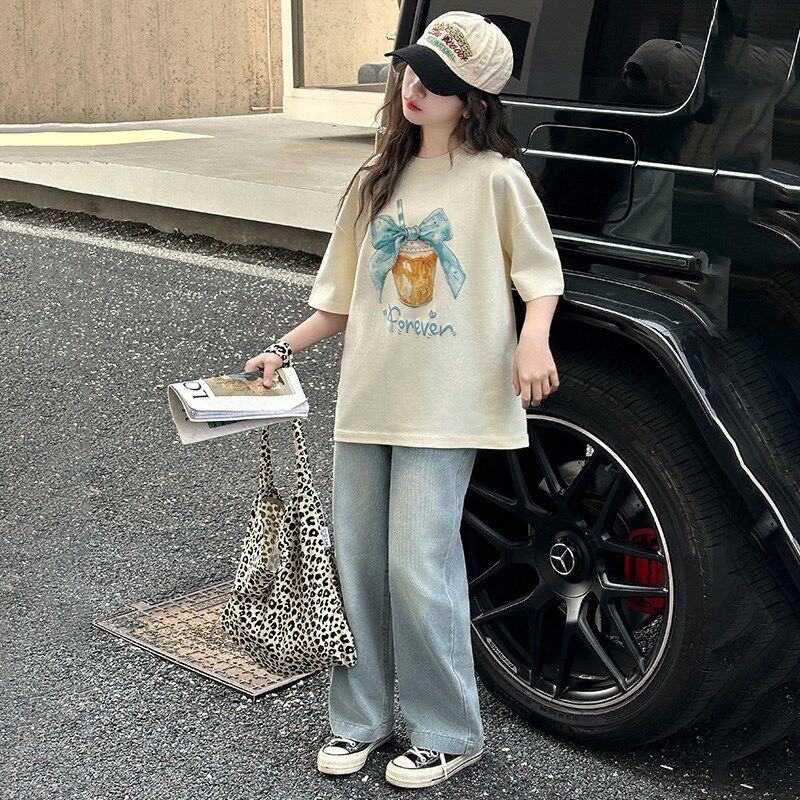 女童夏装裤子套装2025新款薄款儿童休闲长裤夏季女大童牛仔阔腿裤