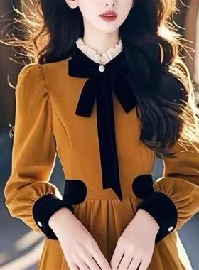 加绒加厚超好看黄色丝绒连衣裙女春秋冬季礼服法式修身打底长裙子