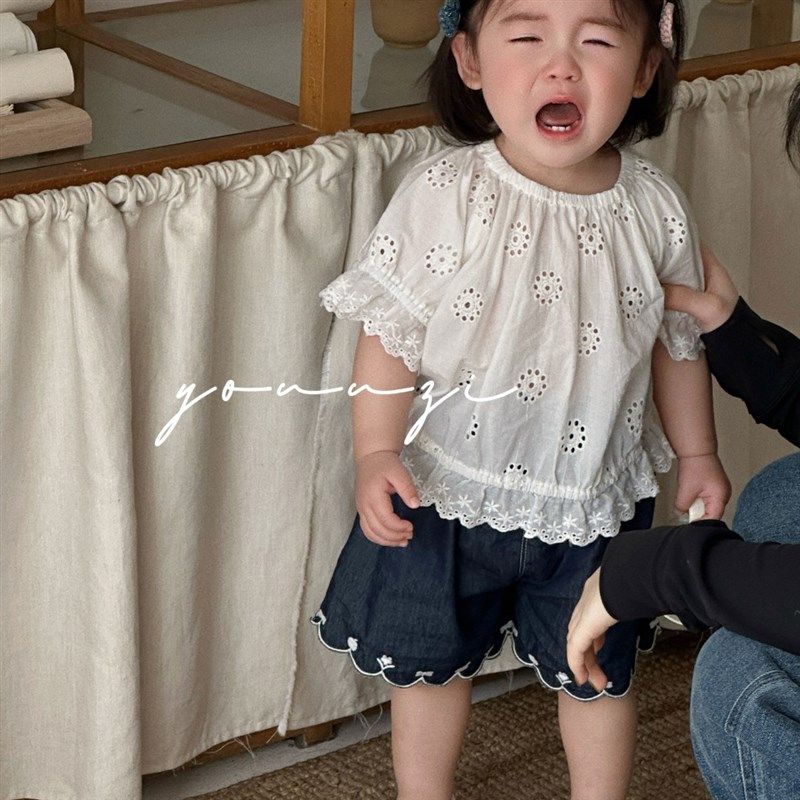右子夏款女宝婴童韩版蕾丝花边短袖T恤刺绣花边牛仔短裤娃娃衫