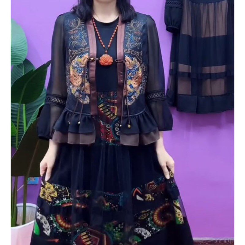 春夏季女士马甲连衣裙长款套裙妈妈装裙子宽松显瘦刺绣两件套长裙