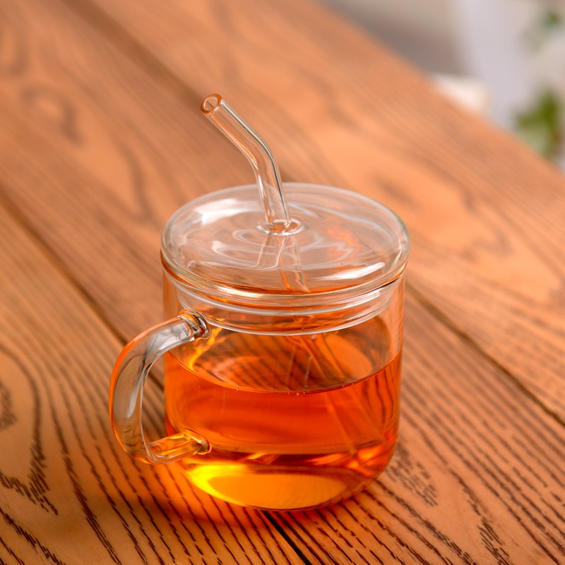 耐热玻璃吸管杯成人带盖带把花茶杯水杯透明果汁饮料牛奶杯子家用