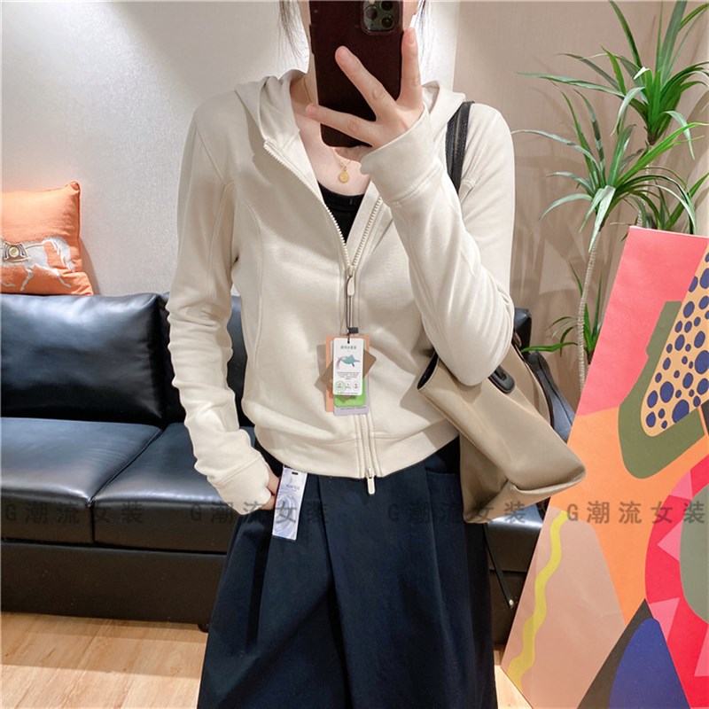 秋冬新品  柔软磨毛弹力修身醋酸羊毛拉链连帽卫衣外套短款纯色女