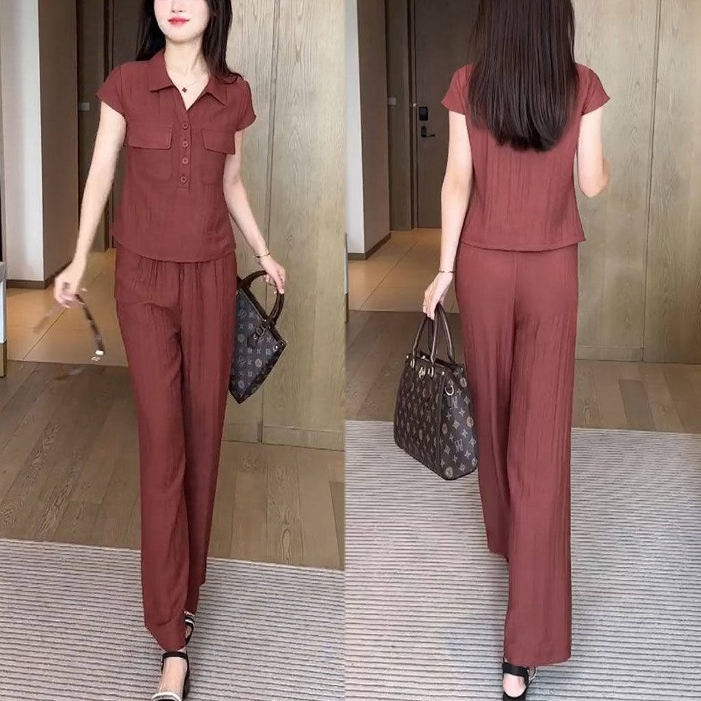 气质显瘦翻领短袖上衣阔腿裤两件套女2025夏季新款时尚小个子套装