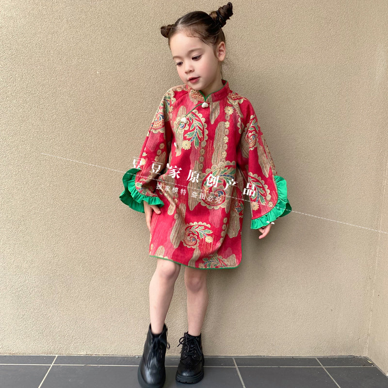 豆豆家定制女童走秀旗袍儿童国潮风时装2022秋冬花边宽袖宝宝礼服