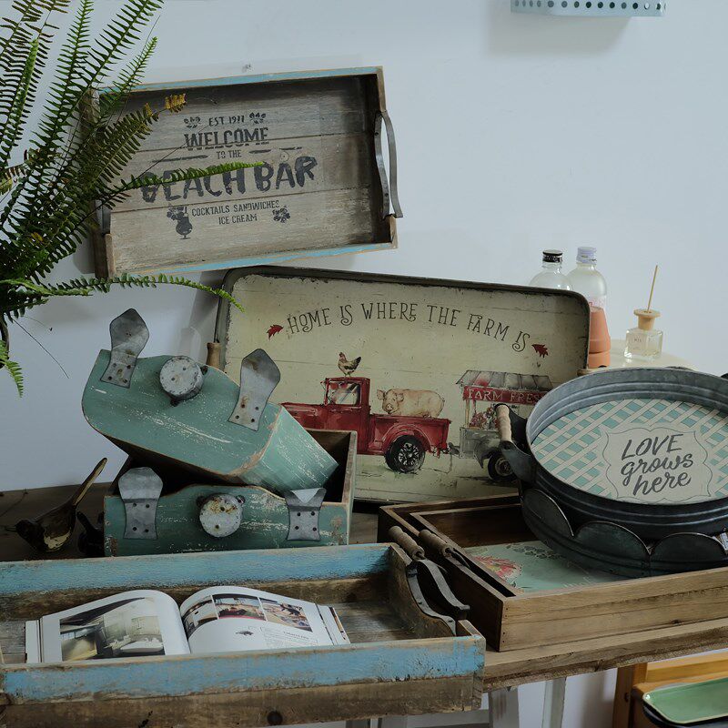 喵小匠园艺孤品-复古做旧铁艺木C艺装饰托盘花园蔬菜咖啡馆小花托