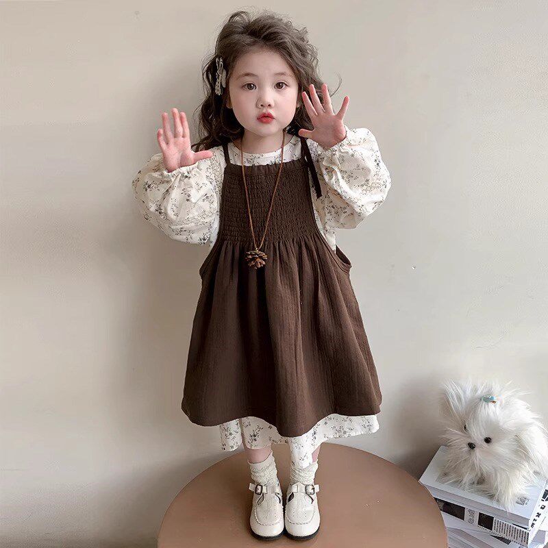 小女童洋气春秋季长袖碎花连衣裙套装女宝宝2025新款韩版森系裙子