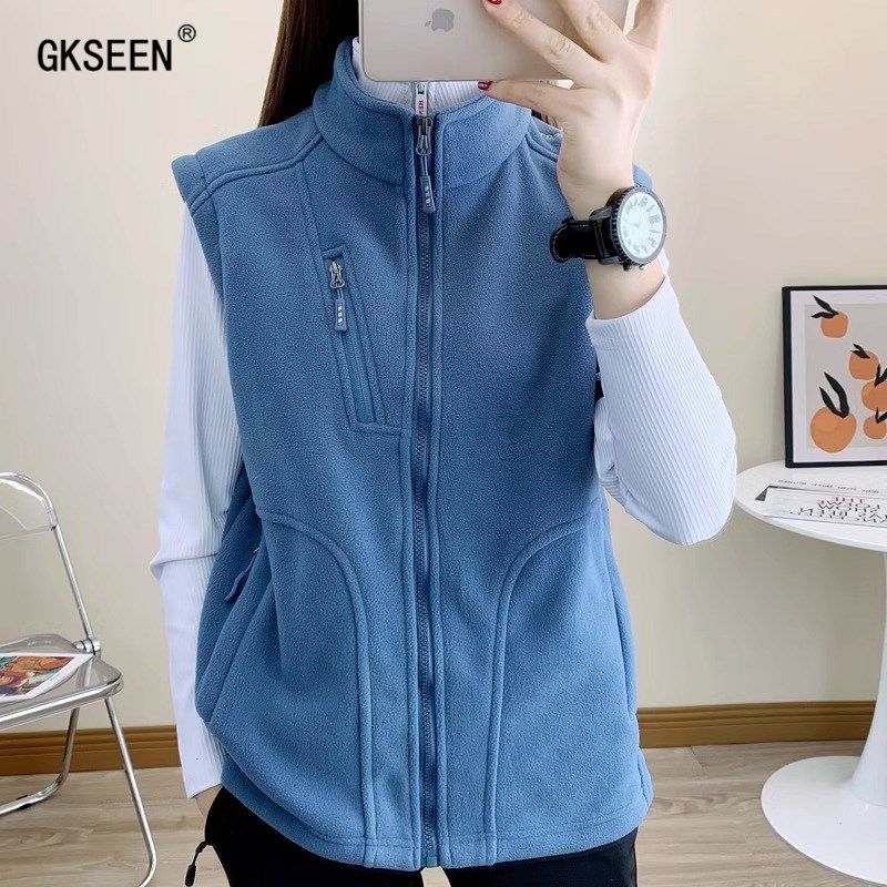 抓绒女士马甲冬季新款户外徒步健身保暖背心宽松大码摇粒绒马夹男