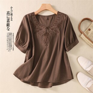 中年妈妈棉麻短袖T恤女士高端薄款夏装新款大码宽松亚麻苎麻上衣