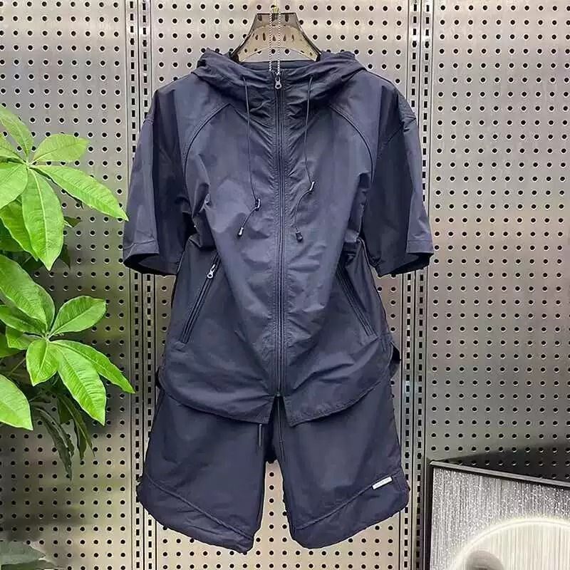 夏季薄款连帽速干休闲套装潮流男情侣短袖短裤青年韩版宽松两件套
