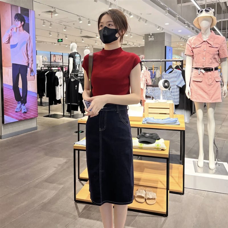 欧货冰丝针织衫女夏季2023新款洋气半高领短袖T恤女宽松薄款上衣