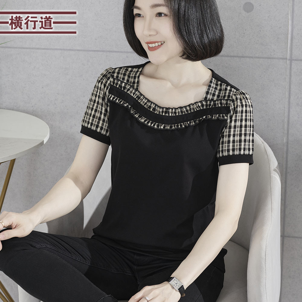 2025夏季新款韩版简约荷叶边方领拼格子合体短袖T恤大码女装上衣
