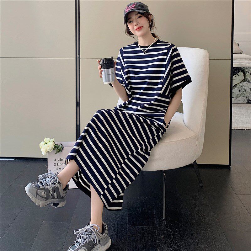 蓝白条纹T恤长裙女2023夏季新款大码宽松慵懒风休闲过膝连衣裙子