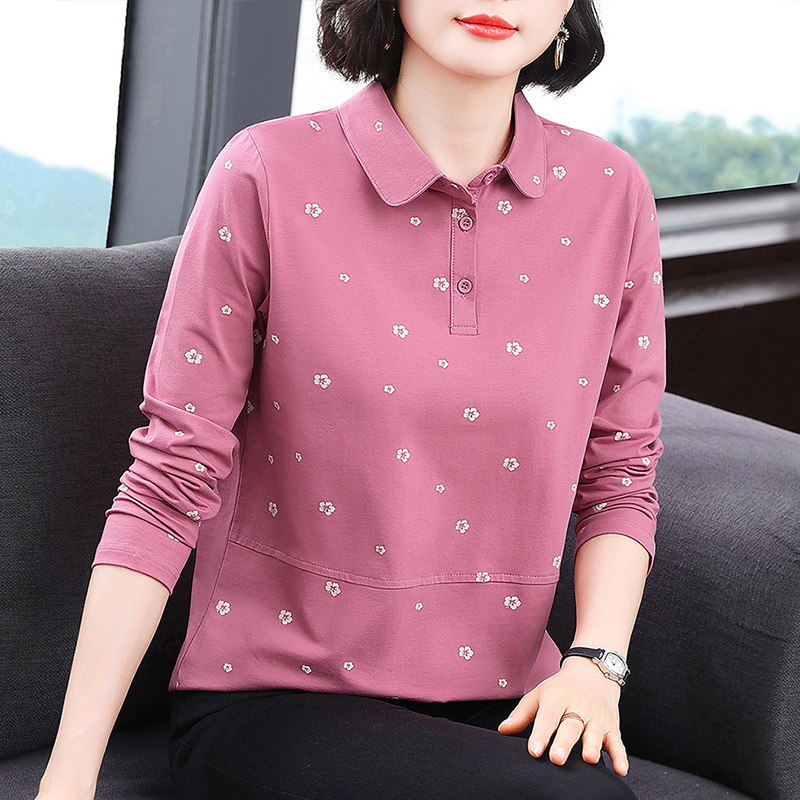 中老年女装妈妈纯棉长袖t恤女洋气印花上衣服秋季宽松韩版打底衫