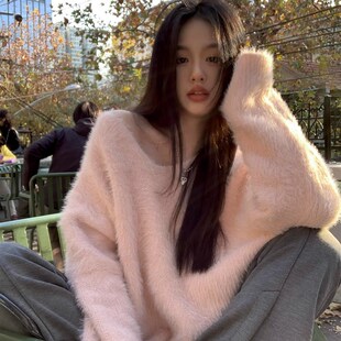 软糯慵懒风粉色针织毛衣女装早秋冬季小众高级感宽松温柔韩系上衣