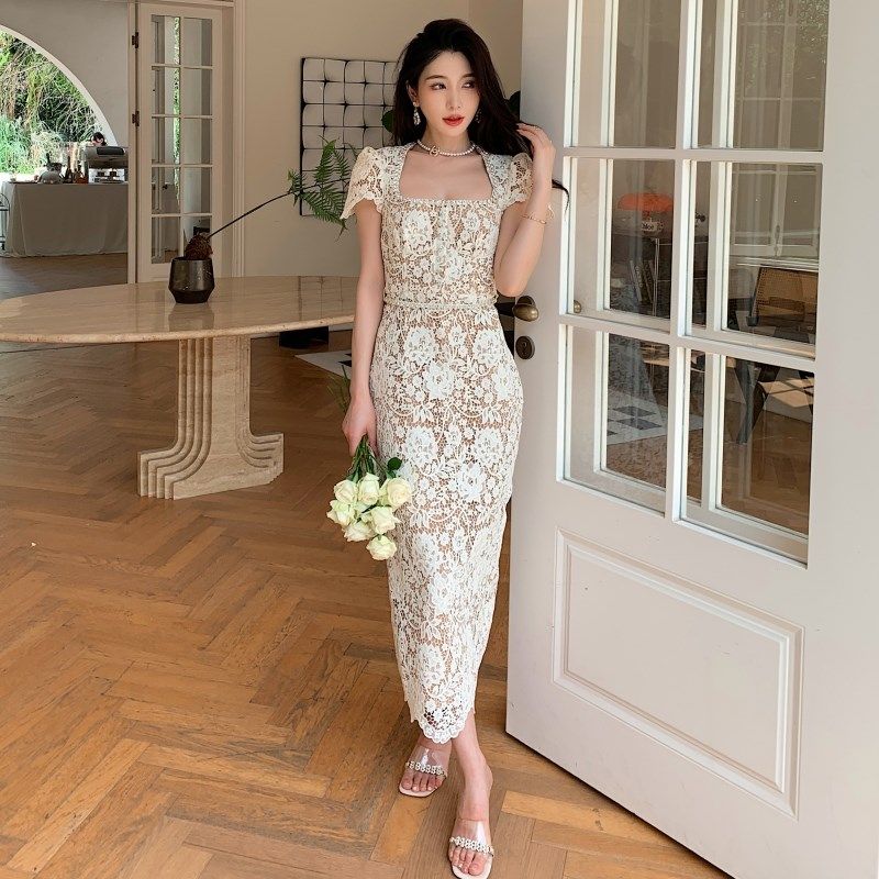 连衣裙女夏季新款法式小众设计感精致奢华钻饰蕾丝显瘦气质长裙子