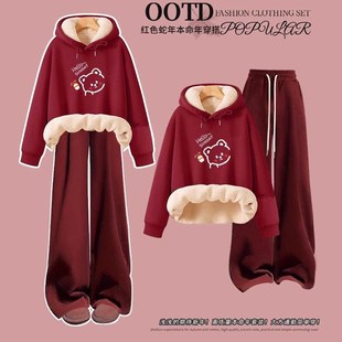 初中生少女孩运动加绒卫衣红色套装学生衣服大童秋冬季学生新年服