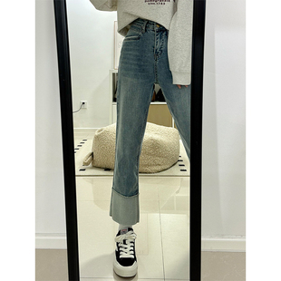 卷边直筒牛仔裤女2023春季新款胖妹妹mm高腰弹力显瘦九分烟管裤子
