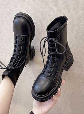 马丁靴女英伦风秋冬系带厚底靴子202G1新款黑色短靴网红百搭瘦瘦