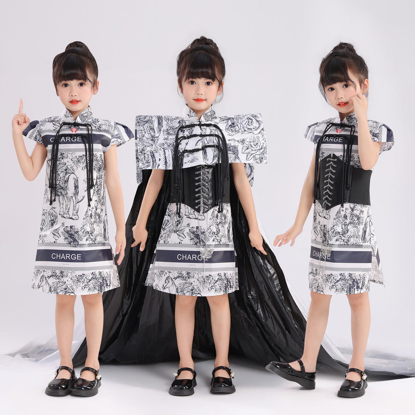 五一节儿童环保舞台走秀服亲子装霸王奶茶袋diy手工表演服男女款