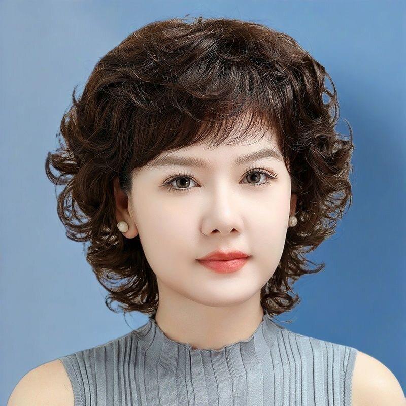 假发女短发全真人发丝中老年妈妈款自然透气卷发全头套式假发套