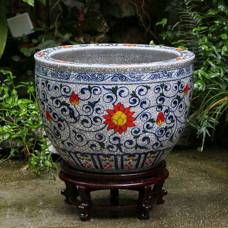景德镇陶瓷鱼缸手绘青花瓷仿古养鱼盆圆形大完全溶解喷涂材料理论