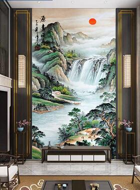 3d立体别墅挑高壁纸自粘走廊过道山水背景墙贴画进门玄关竖图壁布