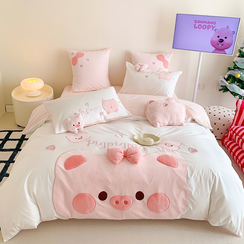 公主风儿童四件套纯棉p女孩全棉水洗棉被单三件套可爱小猪床上用