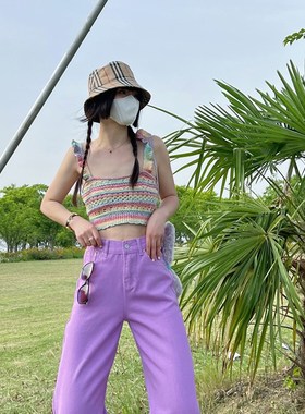 175高个子加长牛m仔裤女开叉直筒阔腿裤2023春夏高腰水洗紫色做旧