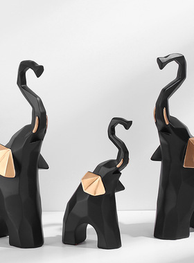 北欧马卡龙创意几何三口象摆件电视柜客厅办公室树脂大象小装饰品