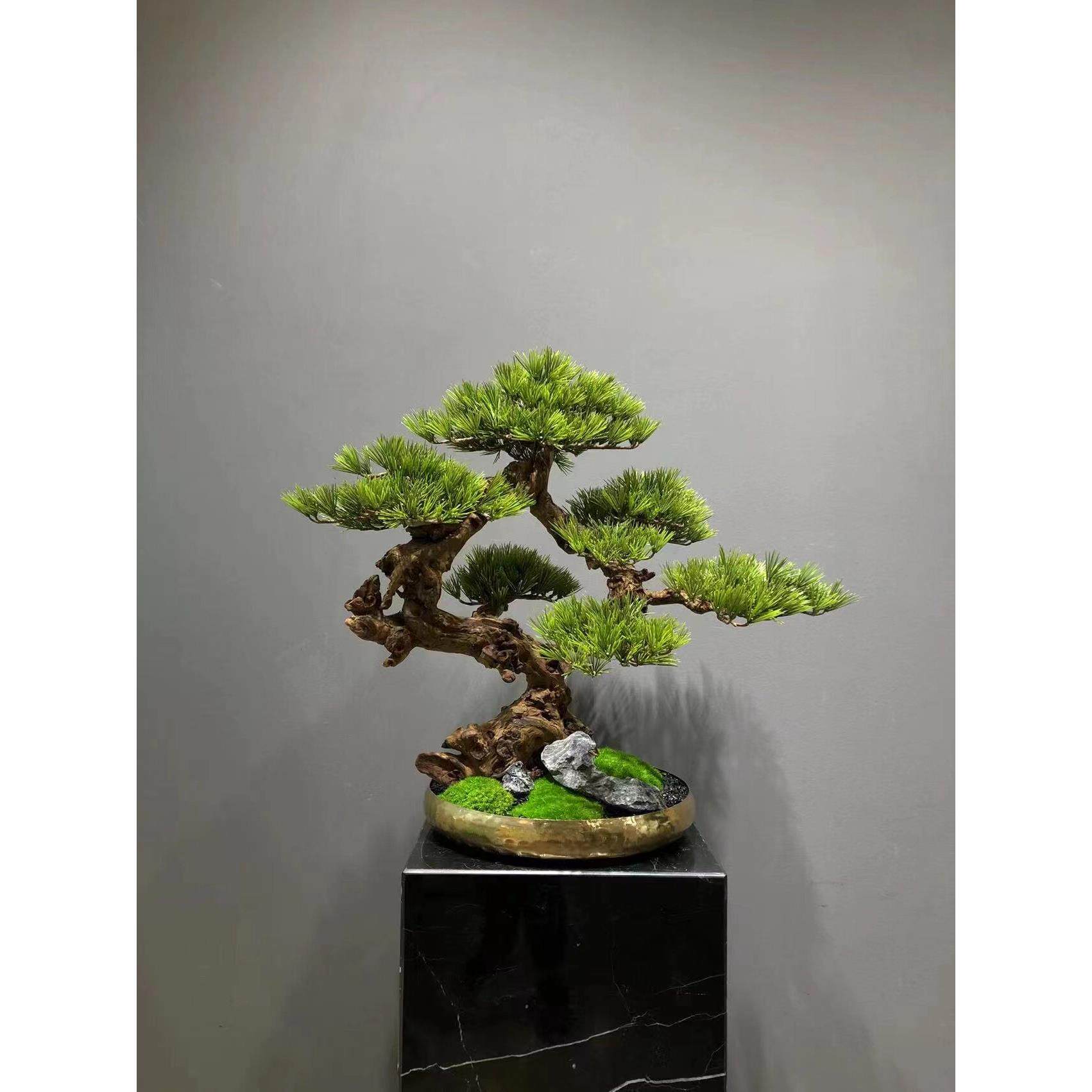 仿真迎客松盆景新中式罗汉松假树造景玄关桌几过道装饰样品房摆件