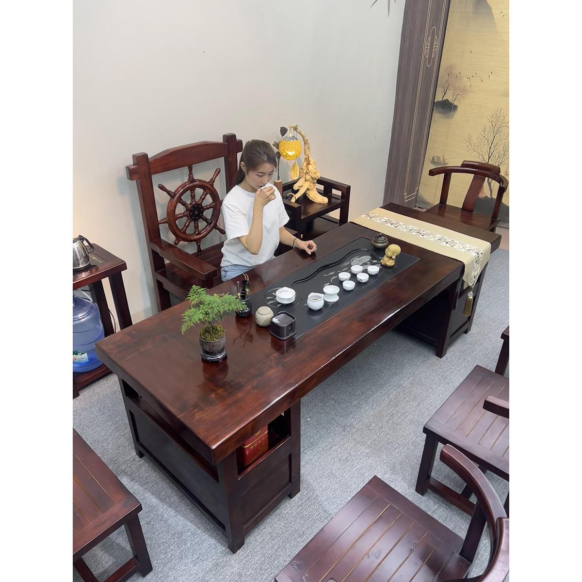 老船木办公室储物茶台商铺泡茶全实木茶桌椅组合客厅茶室抽屉茶几