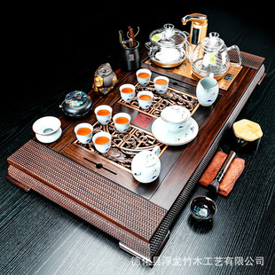 家用办公会客全自动功夫泡茶壶茶杯一体实木茶盘E18 黑檀茶具套装