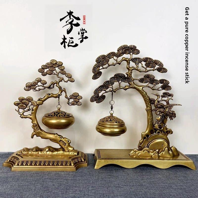 李掌柜 纯铜迎客松倒流香吊香薰炉客厅摆件 黄铜香炉松鹤悬挂吊炉