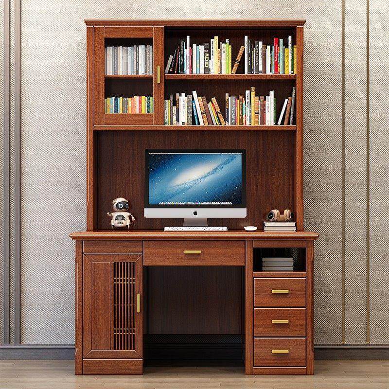 新中式胡桃木实木书桌书架组合一体家用台式电脑桌书房家具套装,住宅家具,书桌,淘宝优惠券,粉丝福利购,淘宝优惠卷