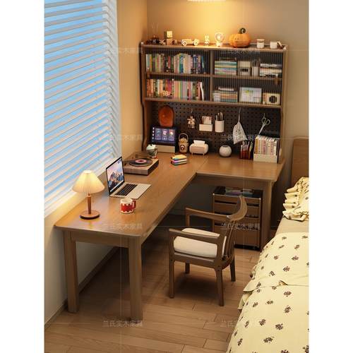 实木转角书桌书柜一体桌子学生家用拐角学习桌卧室靠墙L型电脑桌