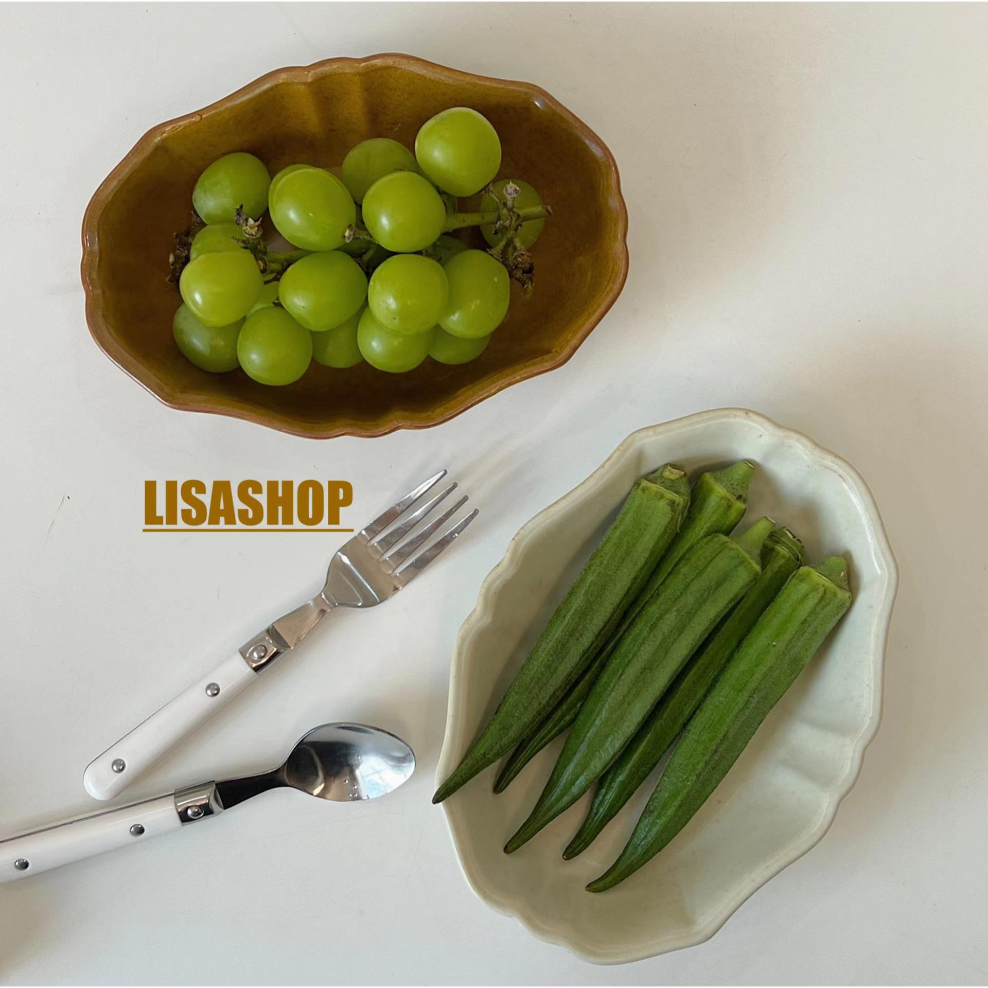 lisashop 日式复古窑变深盘陶瓷焗饭盘小菜盘不规则日式餐具7英寸