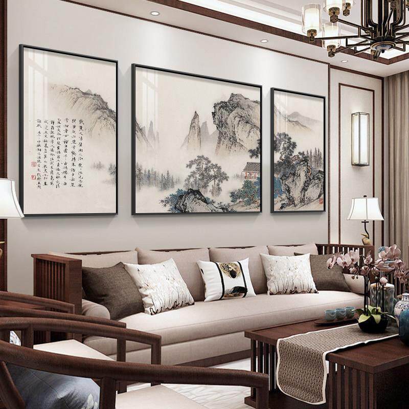 国画山水画新中式客厅装饰画三联画大气沙发背景墙挂画背有靠山