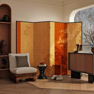 中式实木金箔屏风复古客厅抽象布艺不透遮挡隔断移动折叠推拉折屏