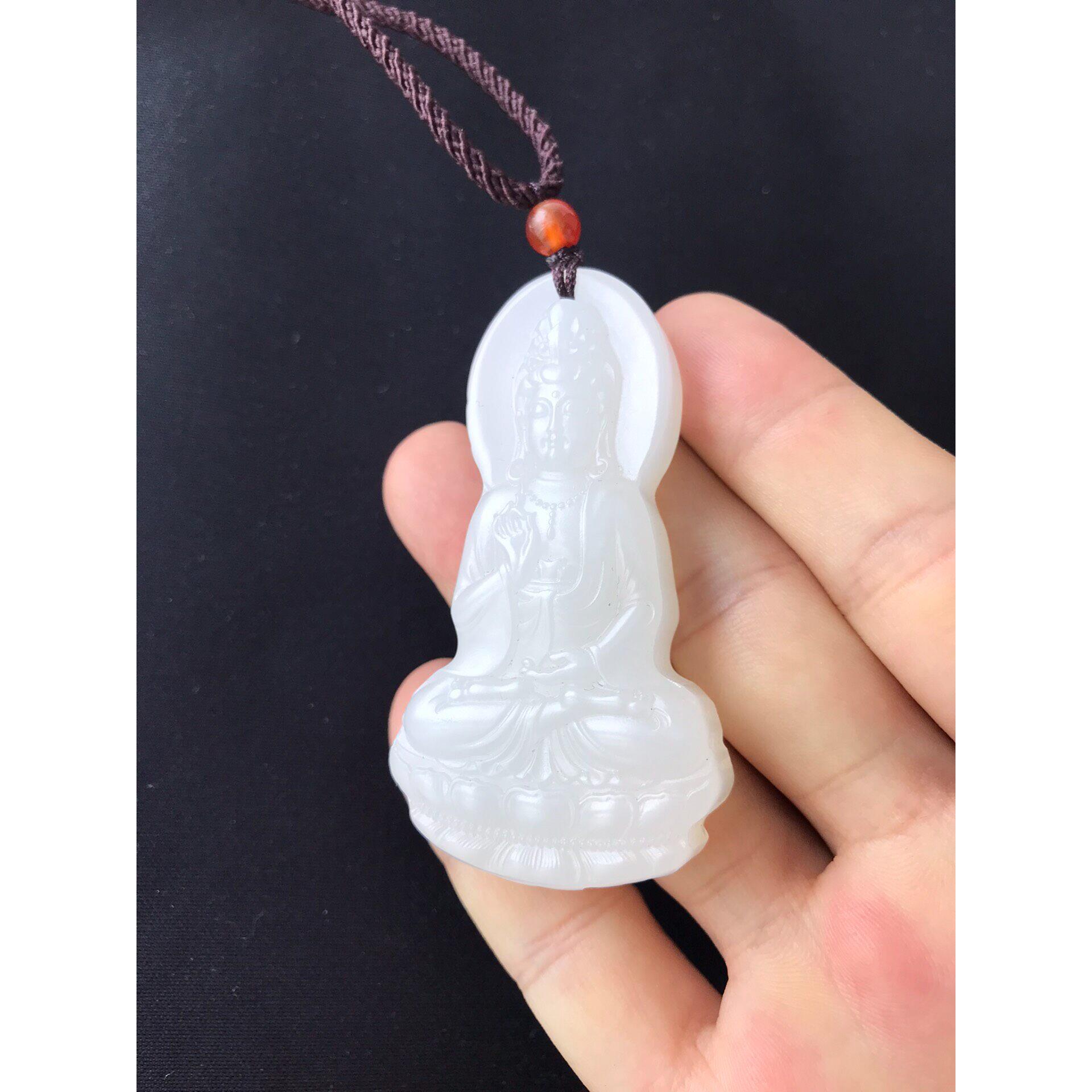 天然新疆和田玉羊脂白观音净瓶观音菩萨男女款吊坠双面雕工玉坠