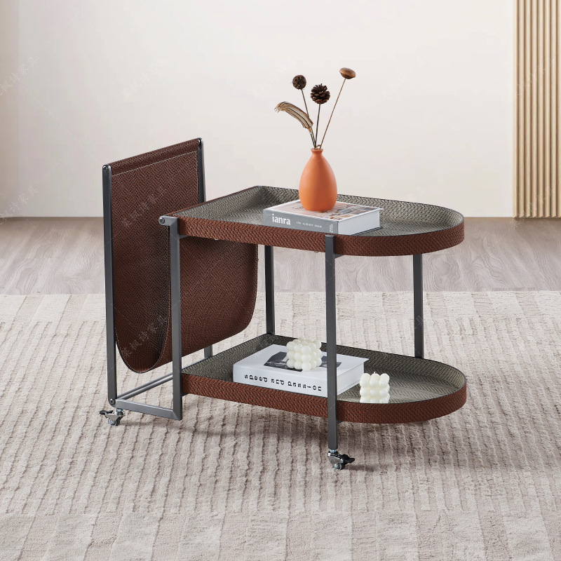 侘寂风边几设计感客厅沙发编织马鞍皮小茶几置物架中古移动小推车