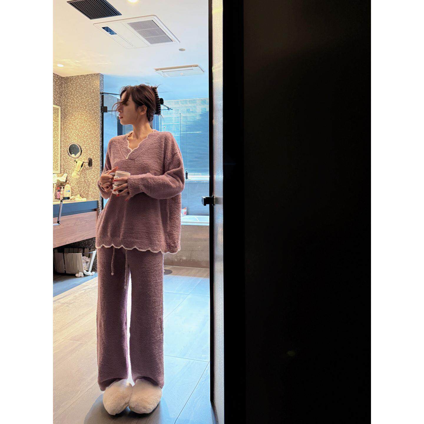 doubleoo花瓣领半边绒套头可外穿紫色家居服套装气质睡衣软糯温柔