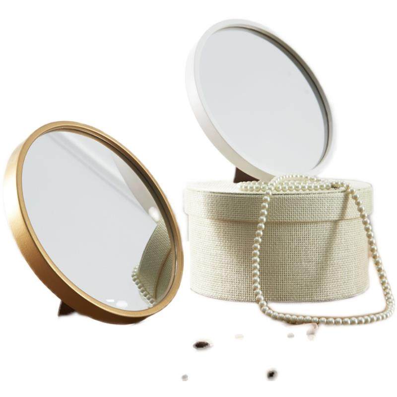 曲丽圆形台式梳妆镜北欧简约公主镜桌面梳妆镜实木壁挂卧室化妆镜